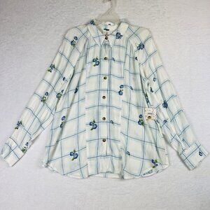 Free People Shirt Women Large White Blue Floral Window to My Heart Button Down